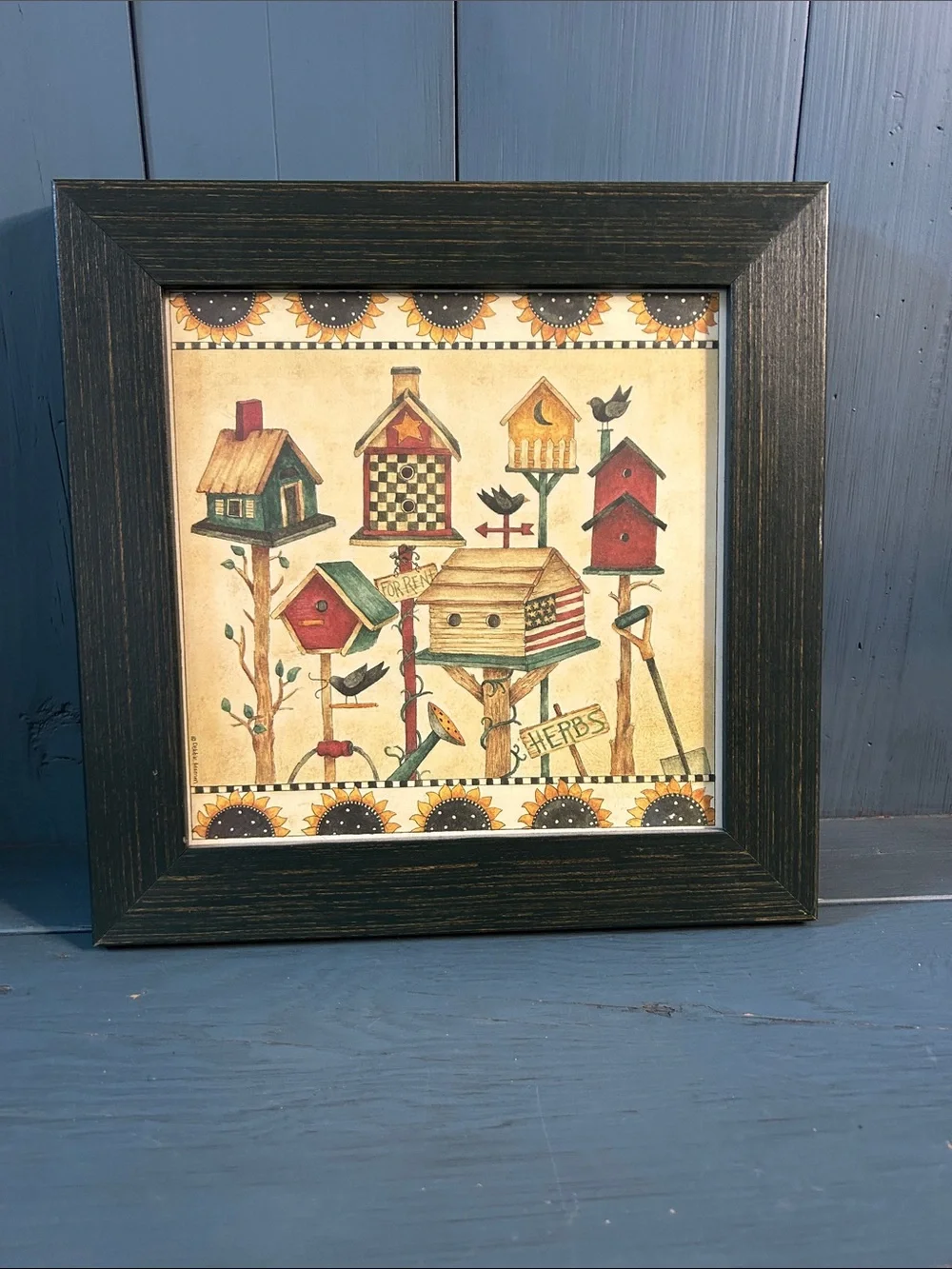 Vintage Rustic Birdhouse Wall Art in Black Frame by Debbie Mumm | 10 x 10”